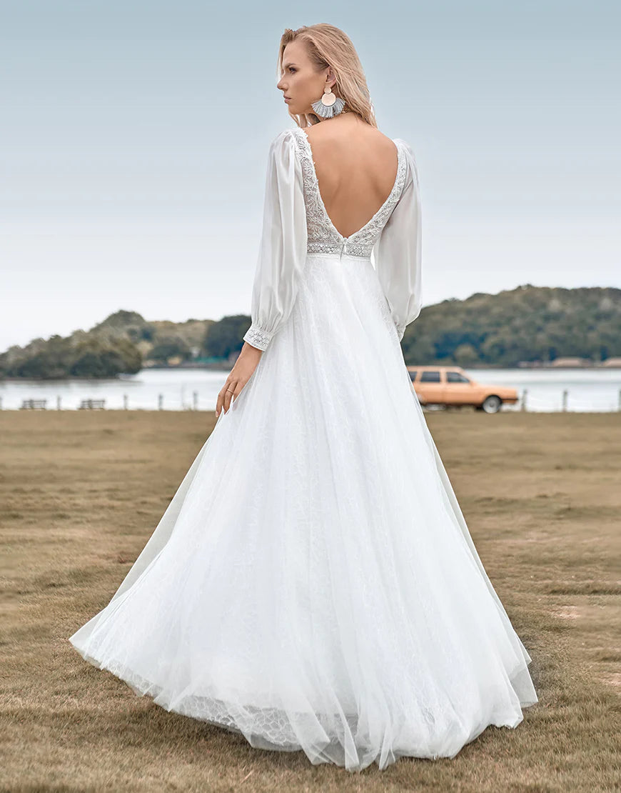 A-Line Tulle Beaded Ivory Wedding Dress with Long Sleeves