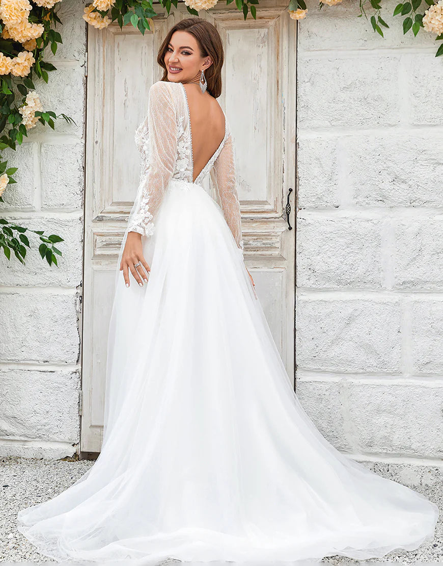 Deep V-Neck Ivory Tulle Sweep Train Wedding Dress with Lace