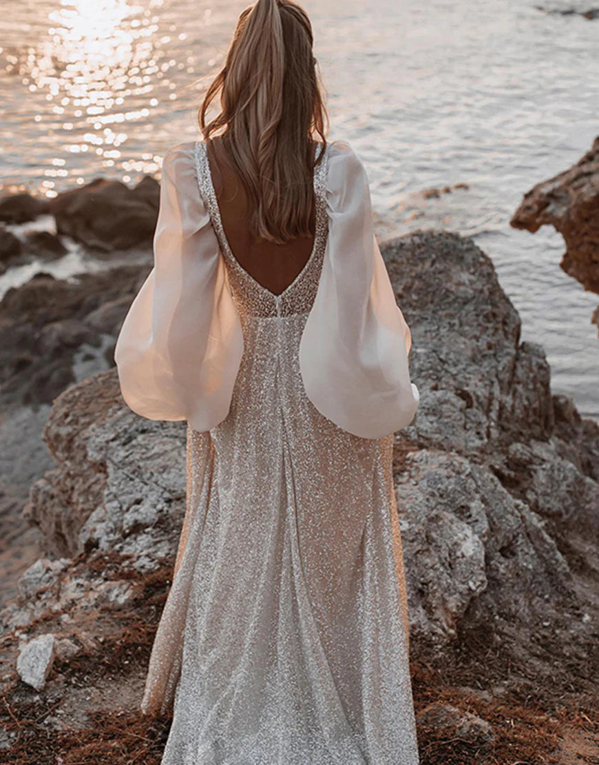 Deep V-neck Boho Wedding Dress with Sleeves