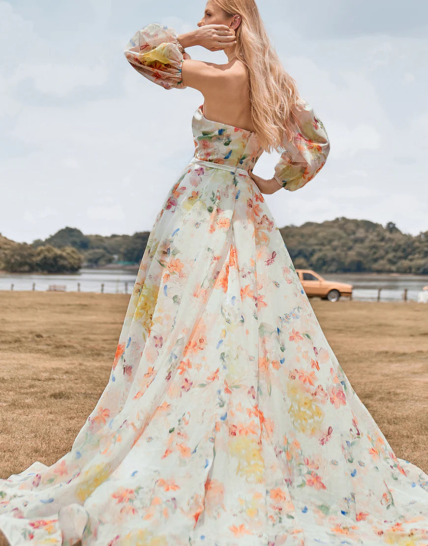 Charming A Line Sweetheart Ivory Floral Sweep Train Bridal Dress with Sleeves
