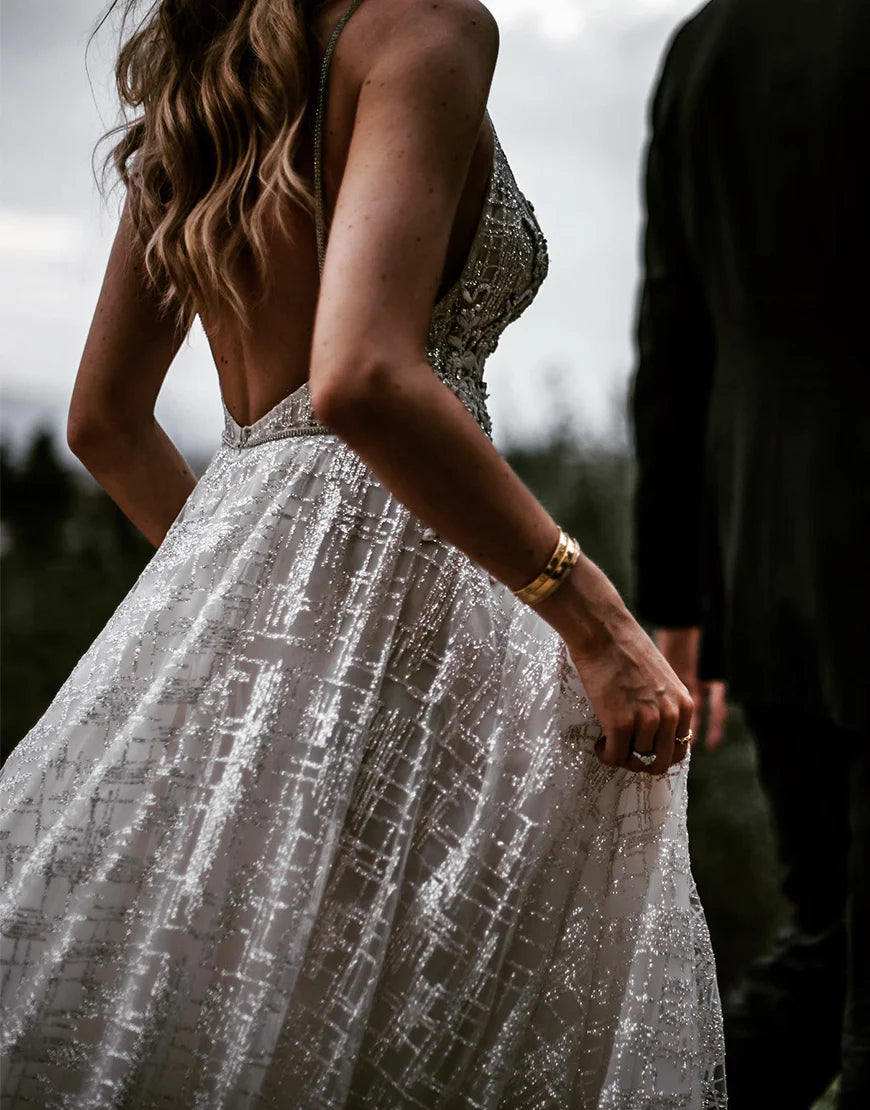 A-line V-neck Backless Glitter Wedding Dress