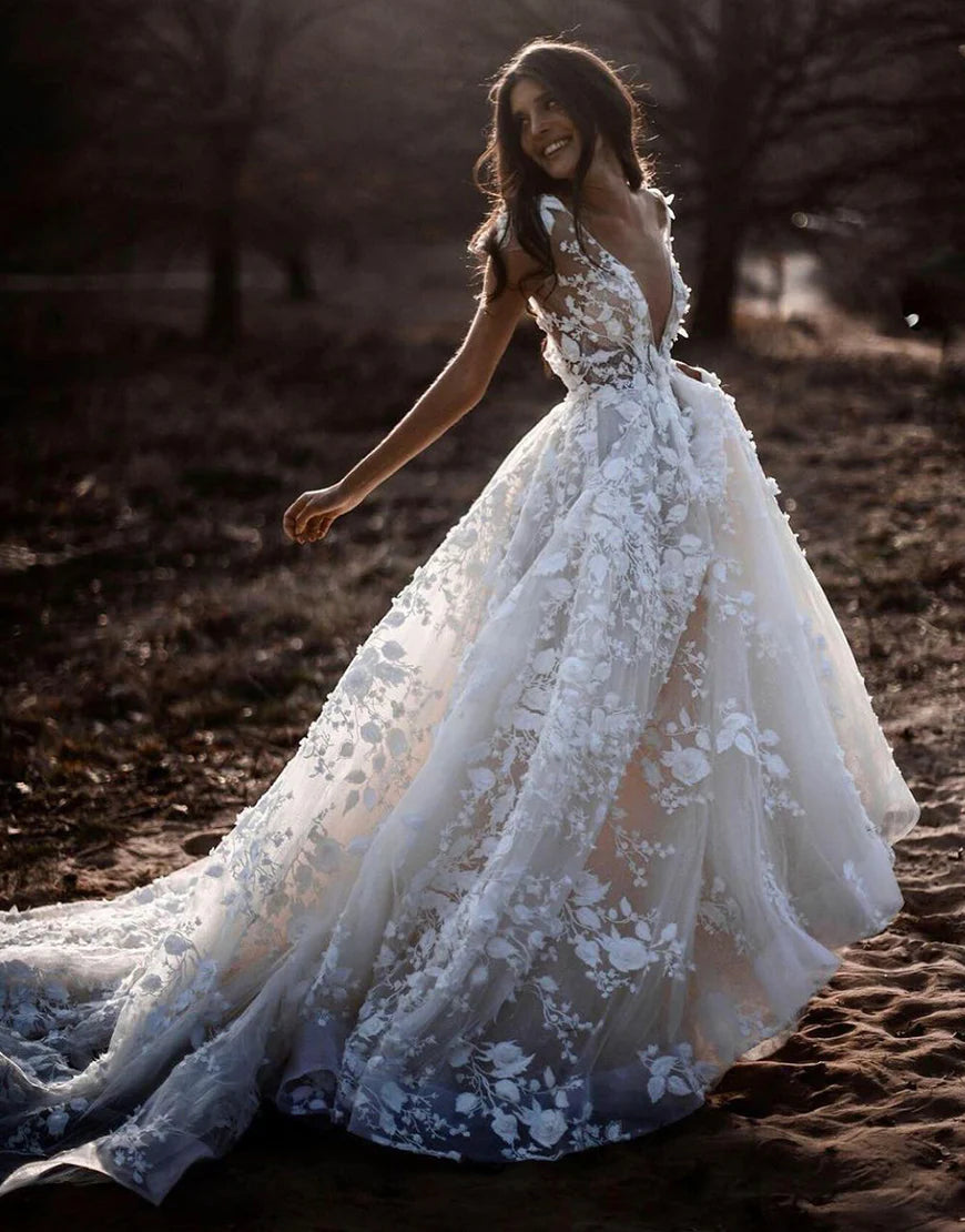 A-Line V-Neck Cap Sleeves Wedding Dress with Sweep Trainv