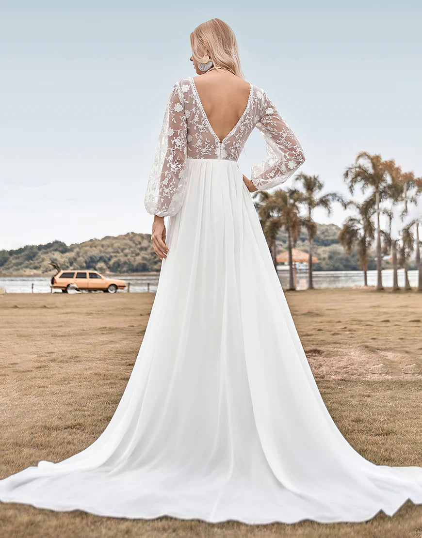 A Line V Neck Ivory Chiffon Sweep Train Boho Wedding Dress with Lace