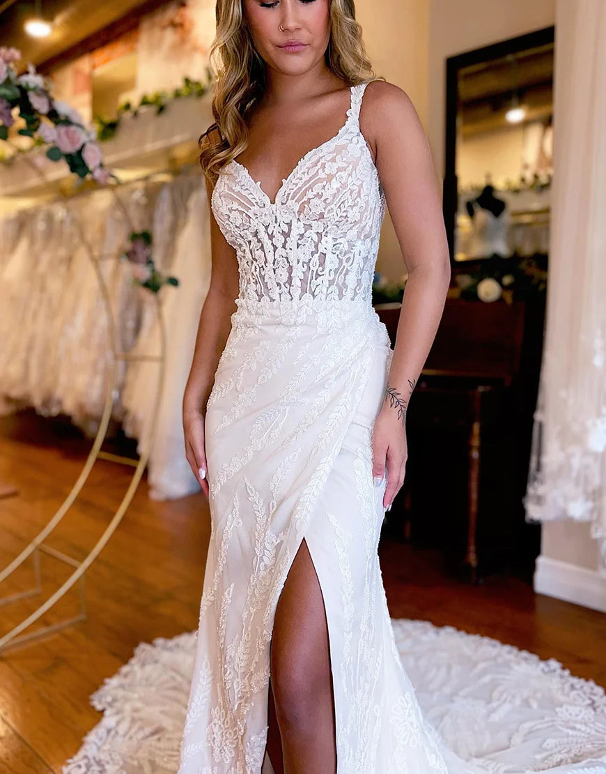 V-Neck Lace Wedding Dress with Slit