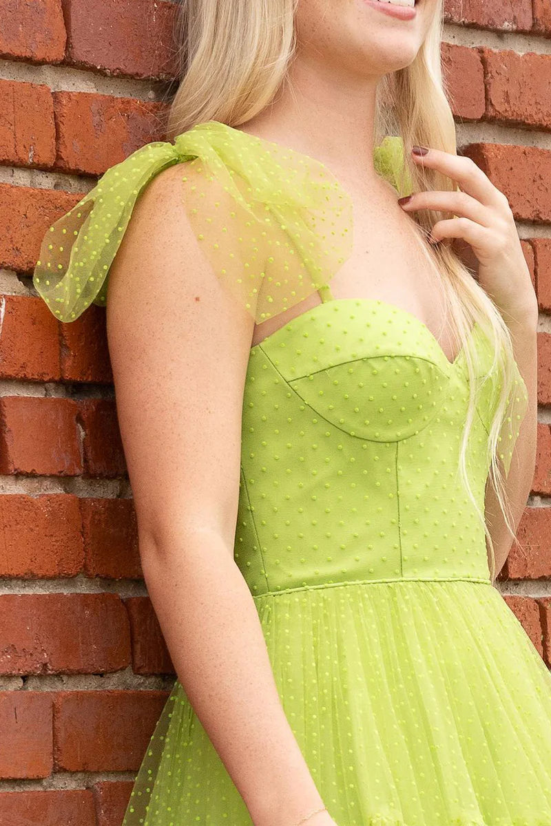 Sweet A Line Sweetheart Green Spaghetti Strap Dot Tulle Long Prom Dresses
