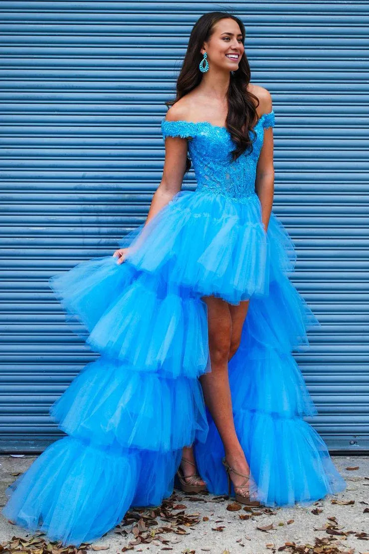 Stunning Off the Shoulder Blue Applique Tulle High Low Long Prom Dresses