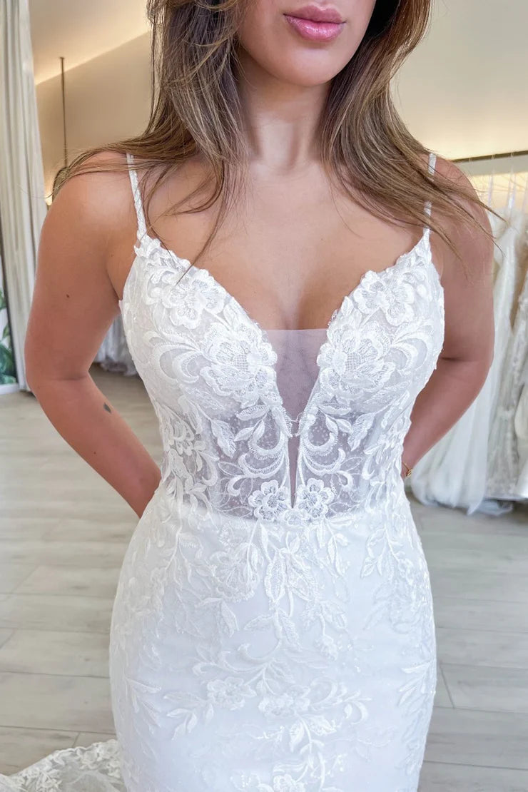 Charming Mermaid V Neck Spaghetti Strap Wrap The Buttocks Lace Wedding Dresses