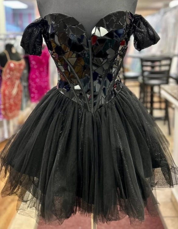 Off-the-Shoulder Short Party Dress with Cut Glass Mirrors