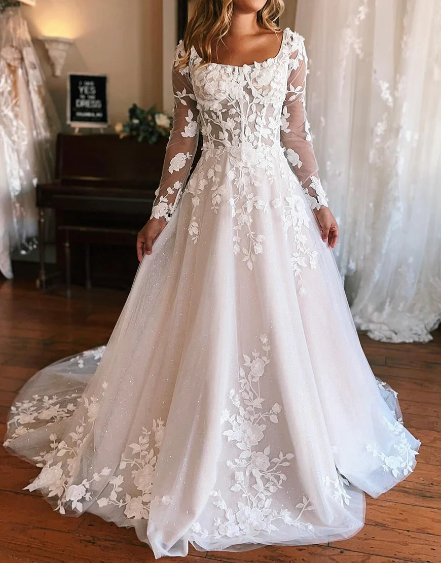 A Line Long Sleeves Tulle Wedding Dress with Floral Lace