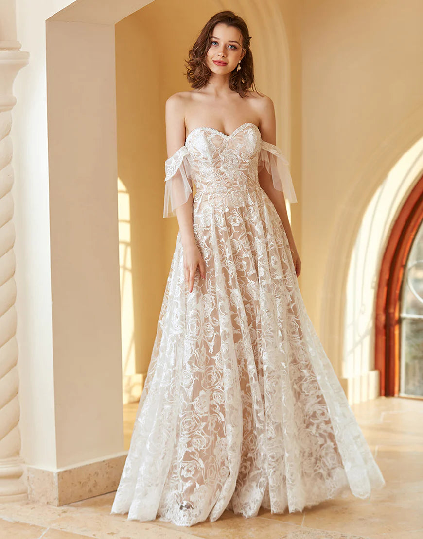 Gorgeous A Line Off the Shoulder White Lace Wedding Dress