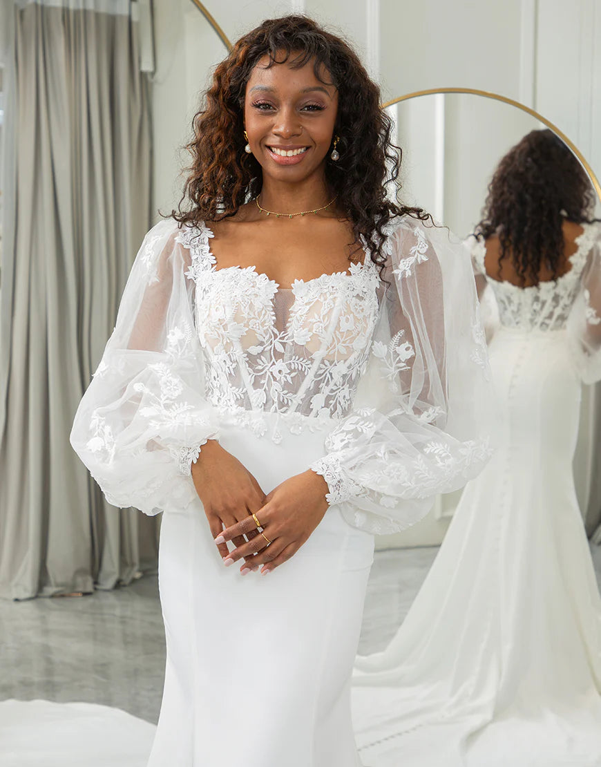 A Line Lace Long Sleeve Long Bridal Dress