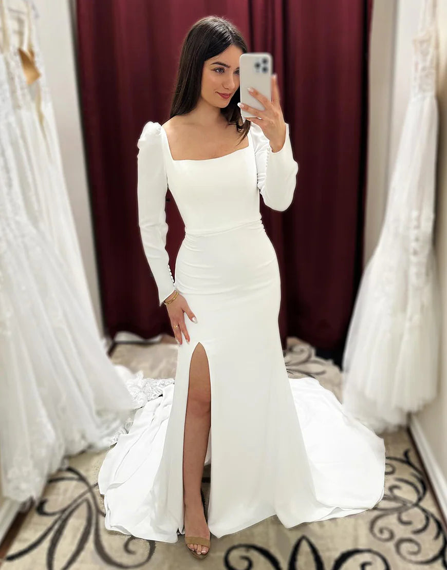 Mermaid Long Sleeve Square Neckline Wedding Dress With Slit