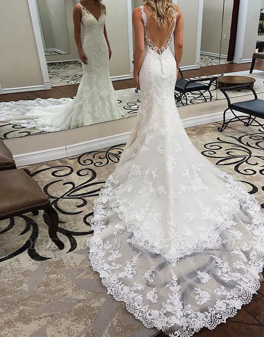 Deep V Neck Open Back Long Bridal Dress