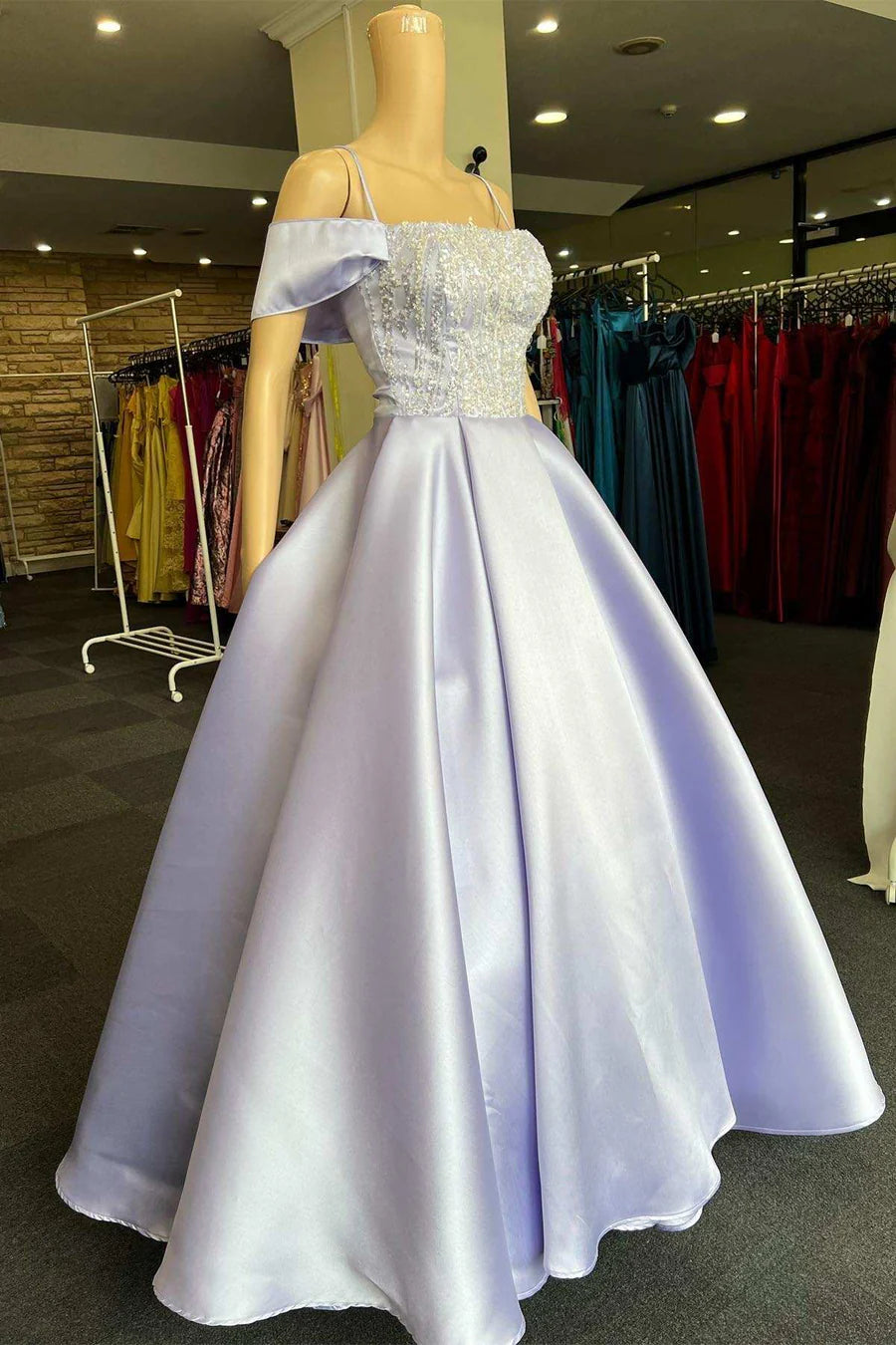Satin Beaded Cold-Shoulder A-Line Prom Dress