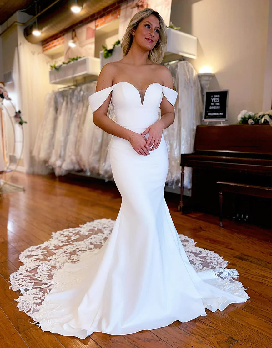 Mermaid Lace-Trimmed Off the Shoulder Long Wedding Dress