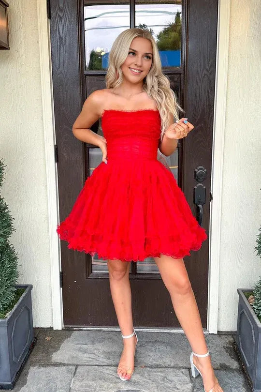 Sweet A Line Off-the-Shoulder Red Tulle Short Homecoming Dresses with Detachable Sleeves
