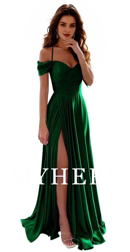 Formal Wear Dresses A Line Off Shoulder Satin Bridesmaid Dresses Spaghetti Strap Long Ruched Side Fork Prom Dress