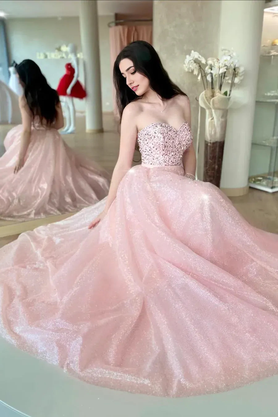 A-Line Sleek Glitter Sparking Sweetheart Sequins Long Prom Dress Lovely Evening Party Dress