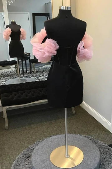 Black Pink Off the Shoulder Velvet Tight Slim-fit Homecoming Dress With sleeves