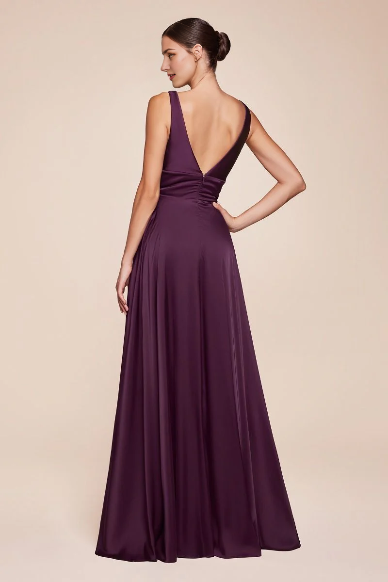 November December Wedding Guest Formal Dress Satin A-Line Deep V-Neck Open Front Leg Slit Backless Prom Dress