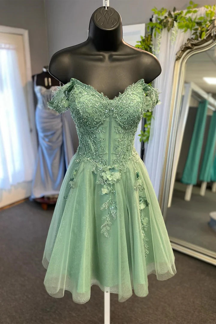 Off-the-Shoulder Beaded Appliques A-Line MIni Dress
