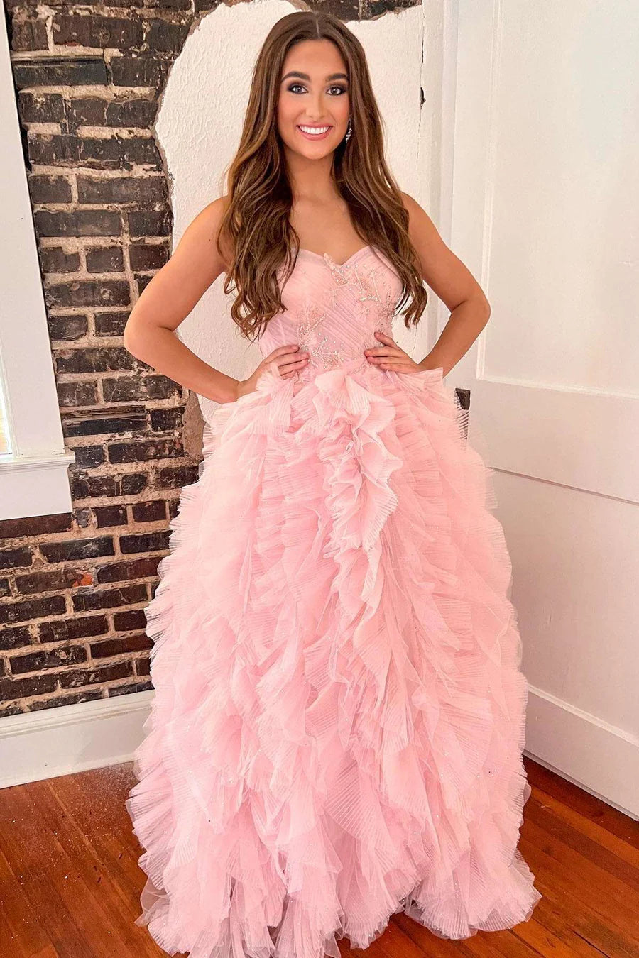 Beaded Strapless Tiered Prom Dress with Ruffles