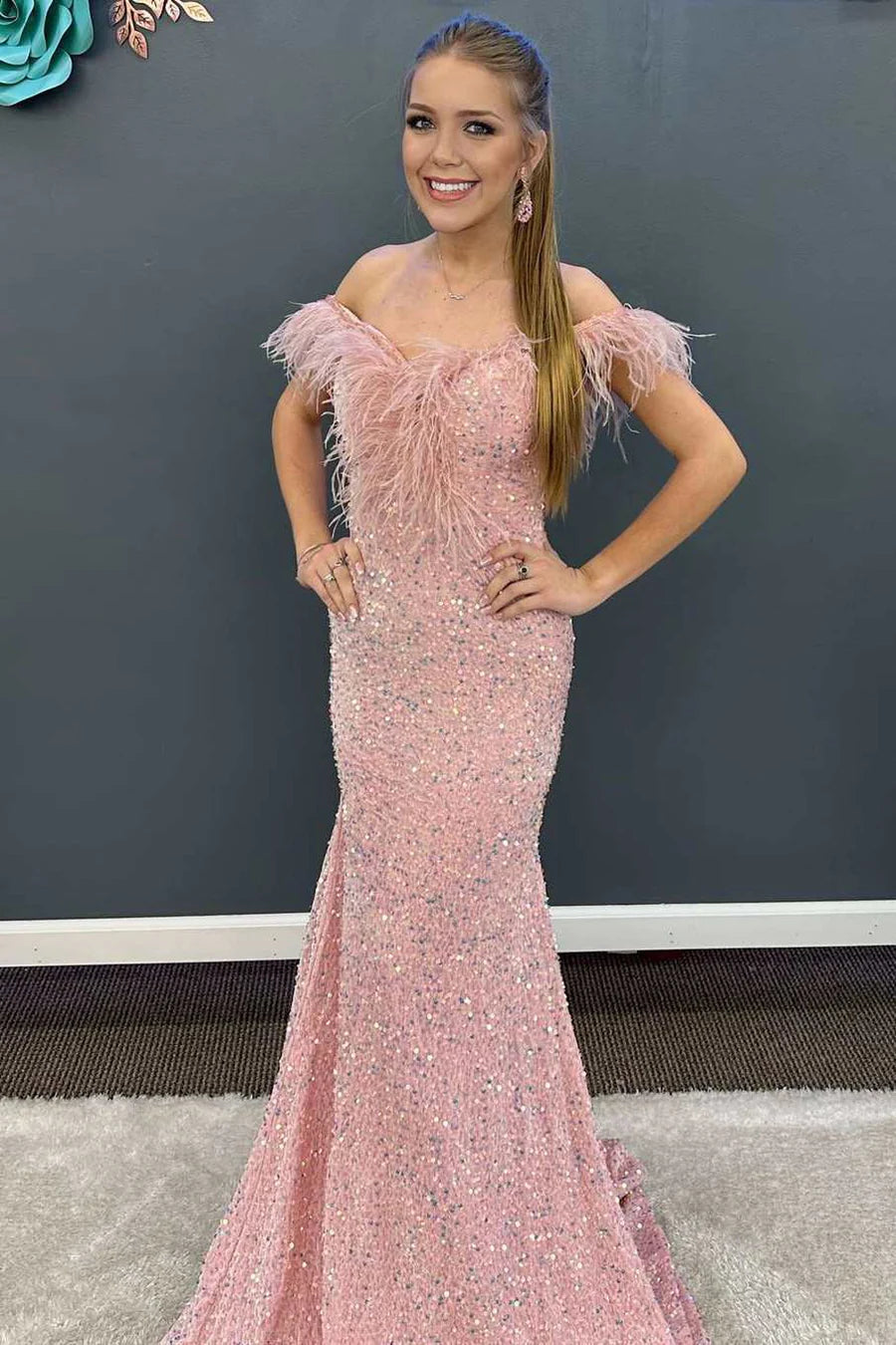 Sequin Feather Off-the-Shoulder Mermaid Long Prom Gown