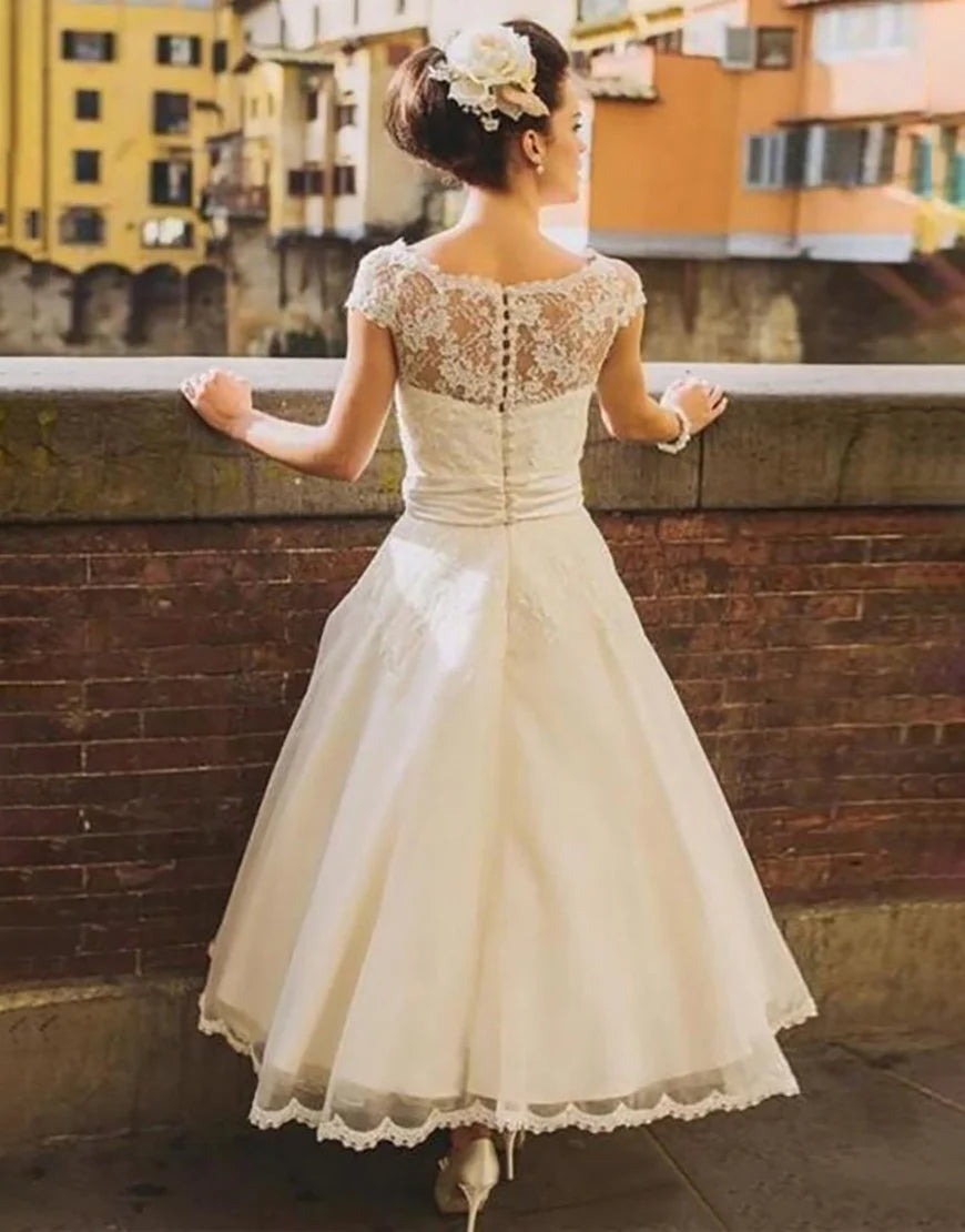 A Line Short Sleeves Ivory Flower Lace Bridal Dress
