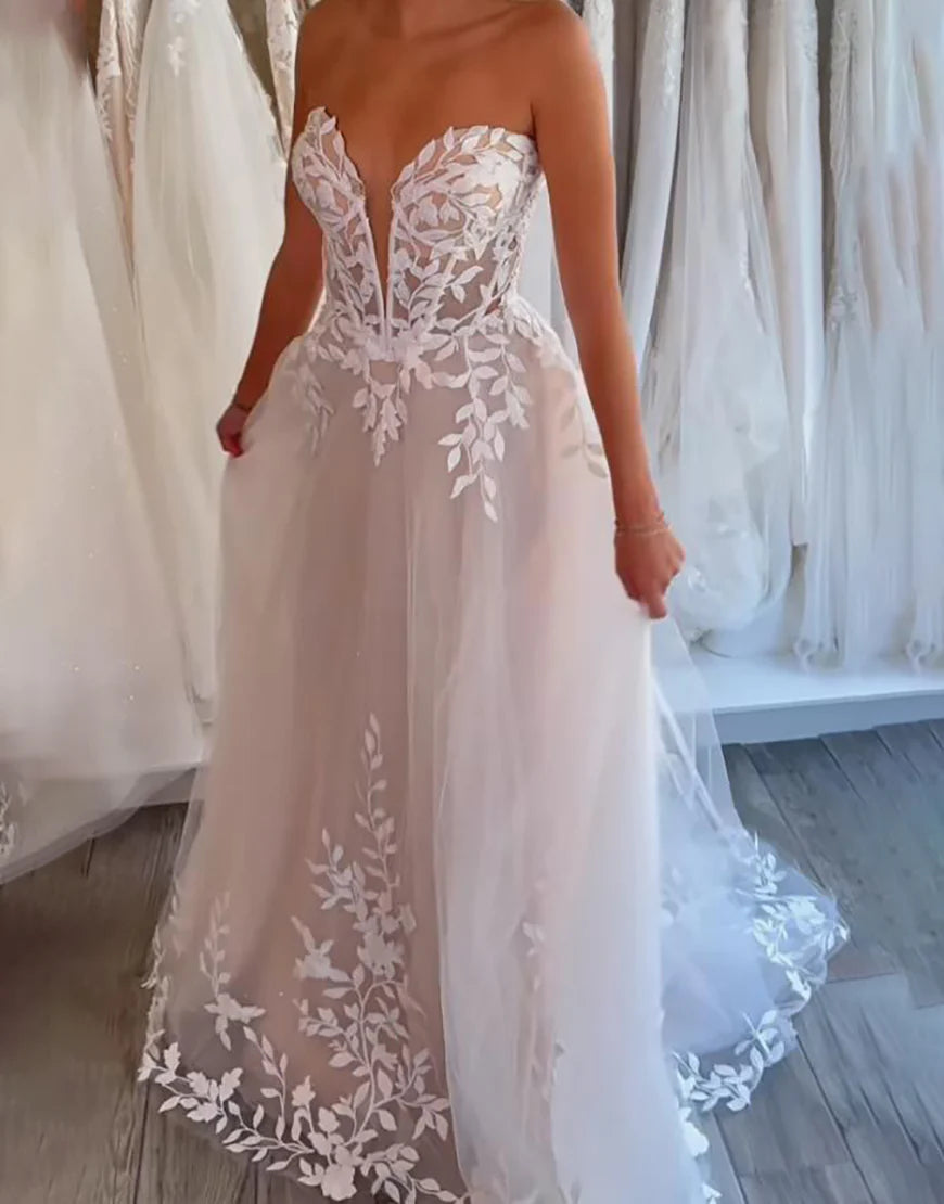 A Line Off The Shoulder Lace Applique Wedding Dress