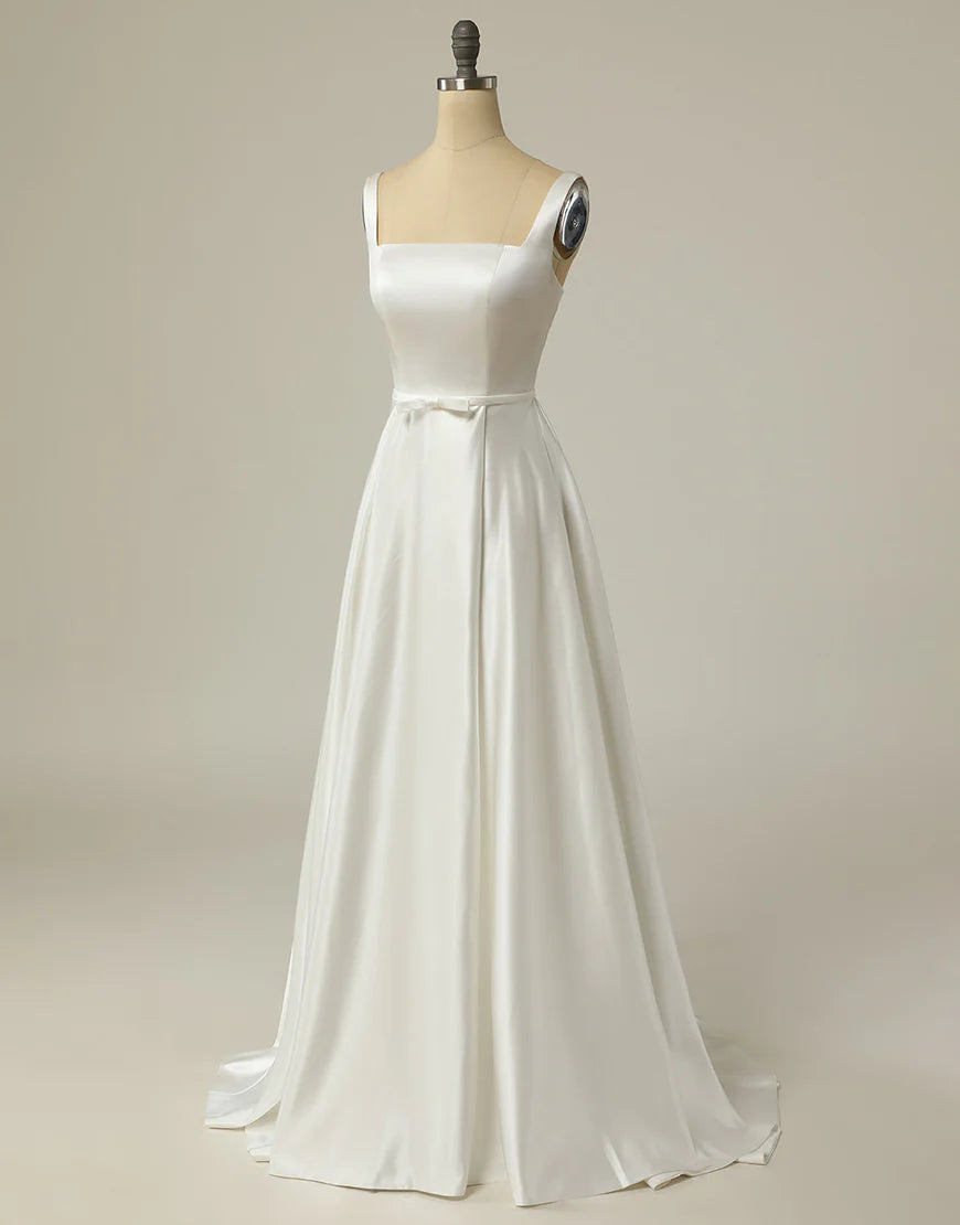 Simple A Line Square Neck White Long Wedding Dress