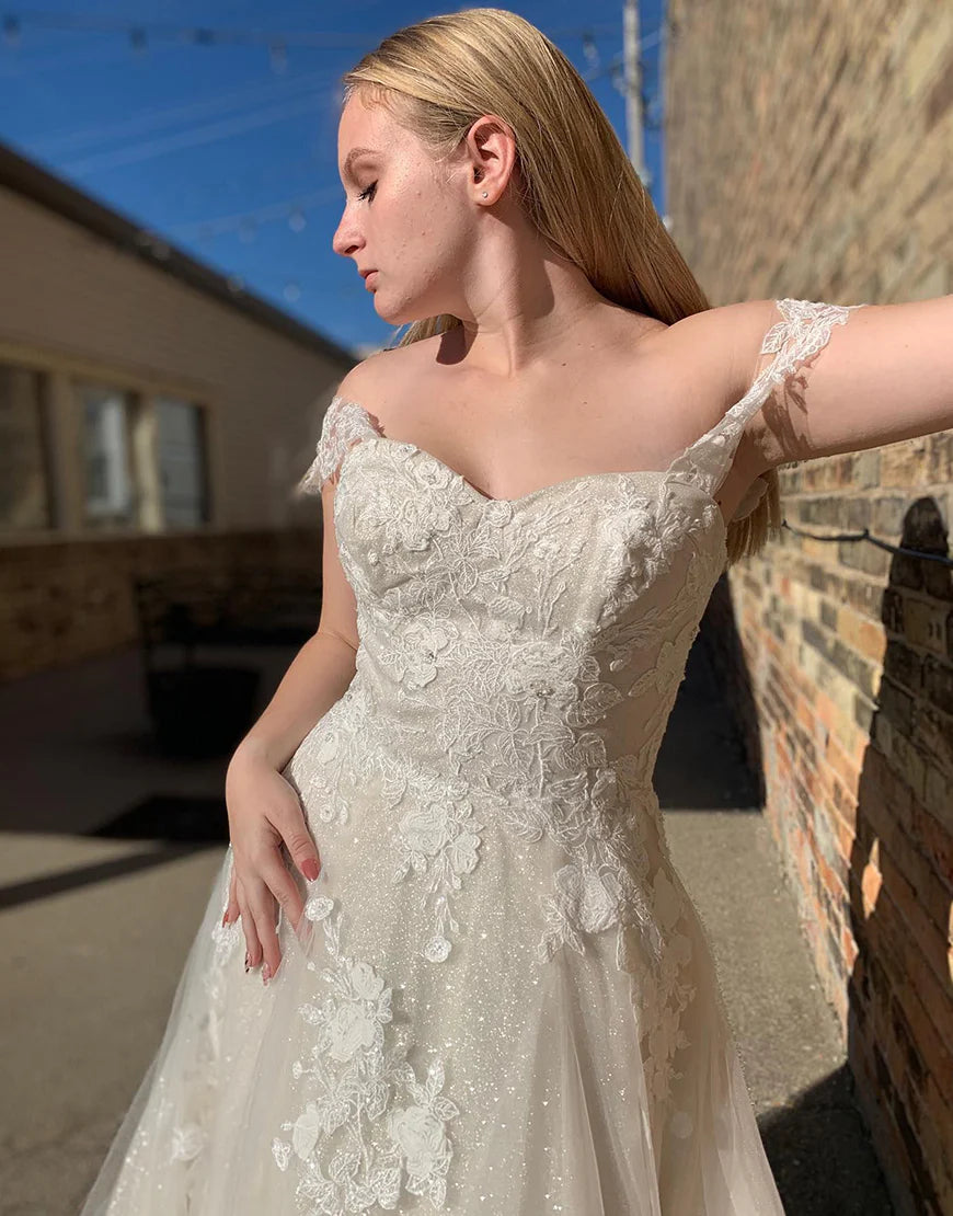 Glitter A-Line Off The Shouder White Long Wedding Dress with Appliques