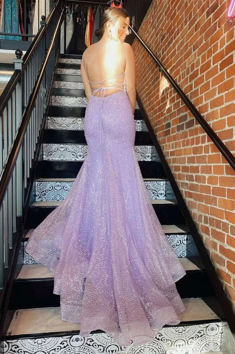 Sequins Square Lace-Up Back Mermaid Long Prom Dress