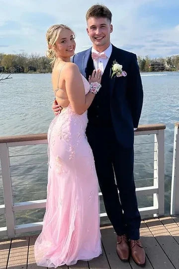 Applique Lace-Up Mermaid Long Formal Dress