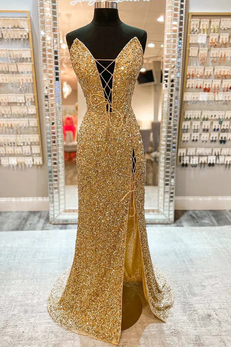 Sequin Strapless Lace-Up Front Long Prom Dress with Slit