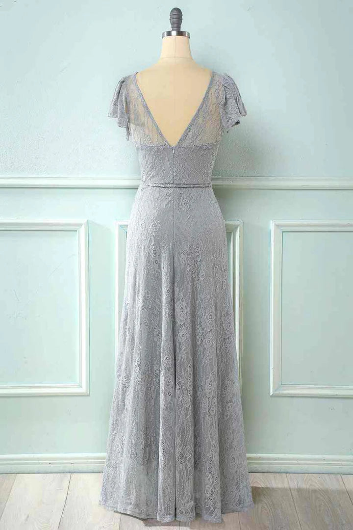 Royal Blue Round neck Lace Backless Cap Retract your waist Sleeve Bridesmaid Dress 