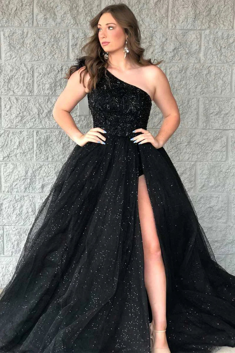 Beaded One-Shoulder Long Prom Dress with Slit