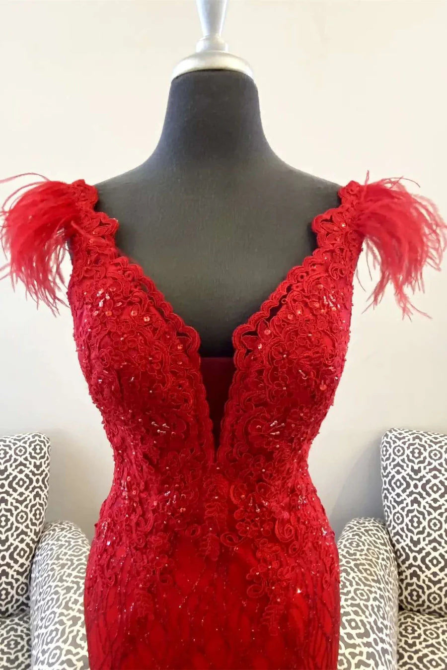 Feather Plunge V Mermaid Long Formal Dress with Slit