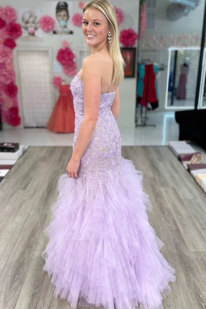 Lace One-Shoulder Tiered Trumpet Long Prom Gown