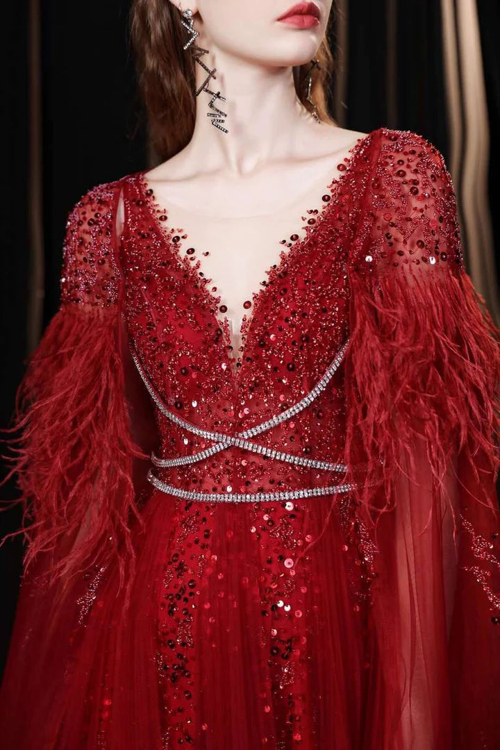 A-line Tulle V-neck Prom Gown with Feather Cape
