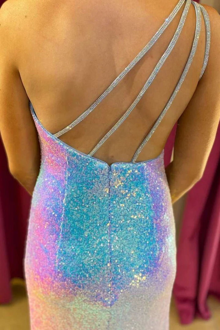Sequin One-Shoulder Backless Long Formal Dress