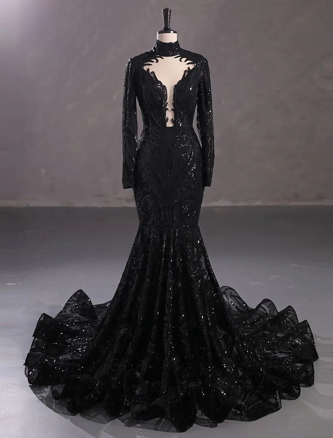 Mermaid / Trumpet Evening Gown Elegant Dress Engagement Court Train Long Sleeve Stand Collar Lace with Sequin