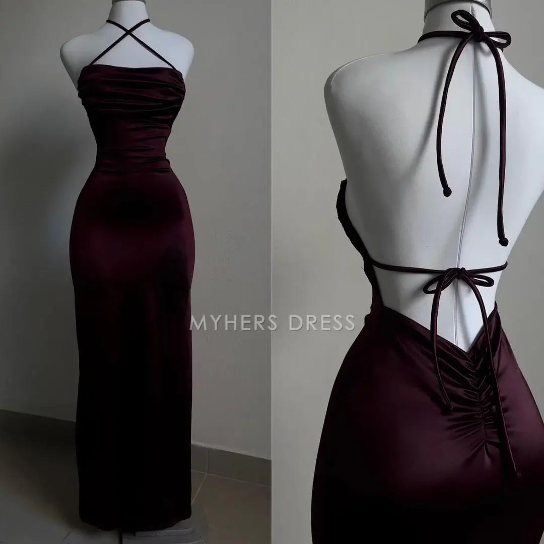 My Hers Prom Dress Mermaid Halter Pleated Backless Sheath Long Youthful Fashion Ladies Formal Dress