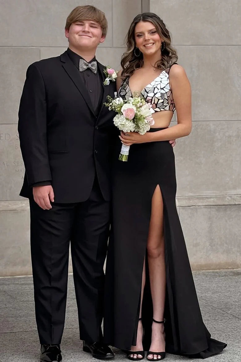 Mirror-Sequins Plunging V Neck Long Prom Dress with Slit