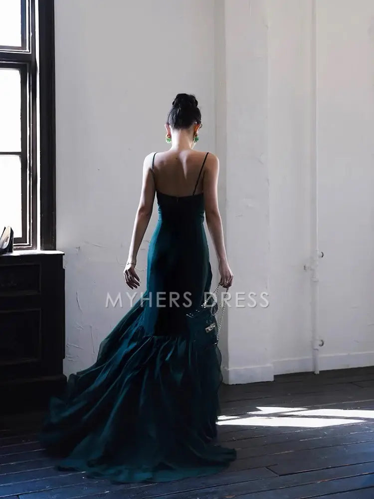 My Hers Prom Dress Sweetheart Spaghetti Strap Mermaid Ruffle Chiffon Long Irregular Unique Ladies Formal Dress