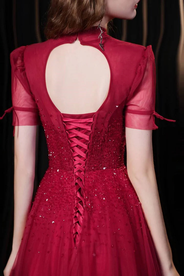 A-line Tulle High Collar Long Prom Dress with Sequins