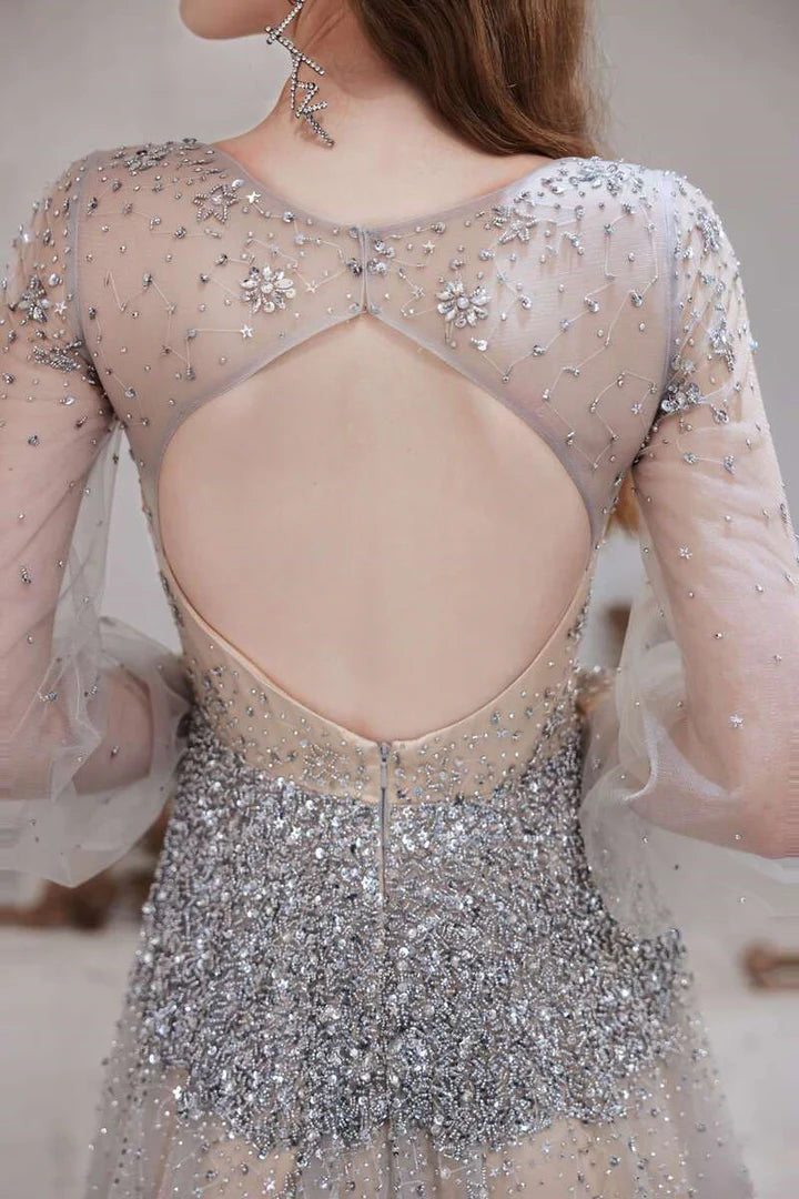 Tulle Beaded V-Neck Long Sleeve Prom Dress
