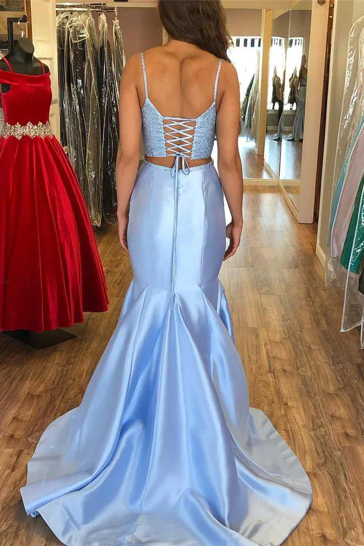 Two-Piece Glitter Straps Trumpet Long Prom Dress