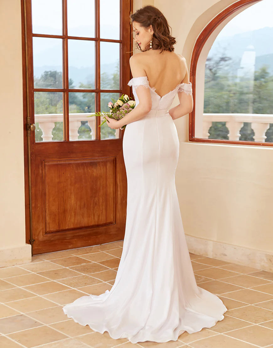 Mermaid Off the Shoulder White Wedding Dress with Lace