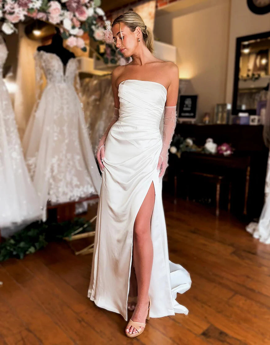 Mermaid Off The Shoulder Long Wedding Dress With Slit