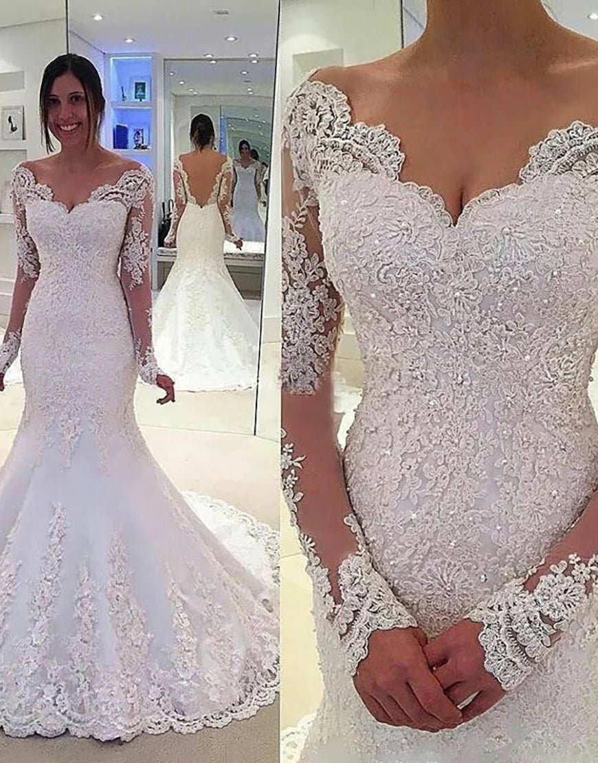 Mermaid Long Sleeves Open Back Ivory Bridal Dress